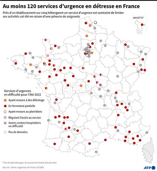 Carte des services d'urgence en detresse Agence France-Presse, mai 2022