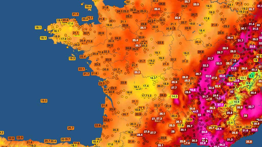 Carte des températures du 13-07-2023 générée par infoclimat.fr