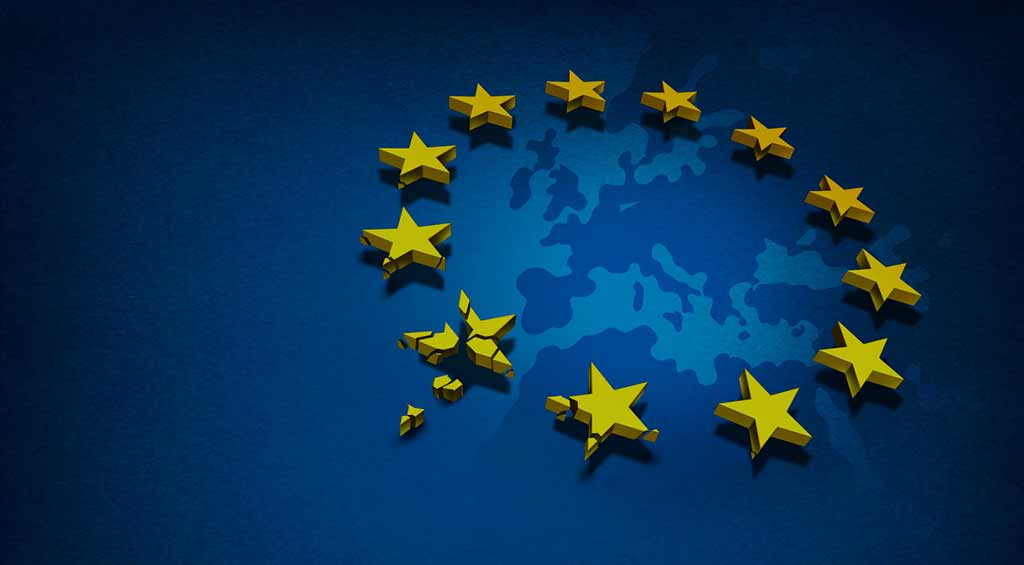 Représentation du drapeau européen dont plusieurs étoiles sont fragmentées, symbolisant la dislocation de l'unité de l'UE