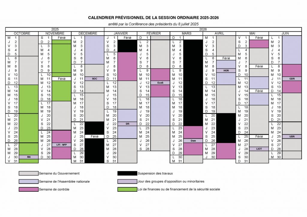 Calendrier parlementaire de la session ordinaire 2025-2026
