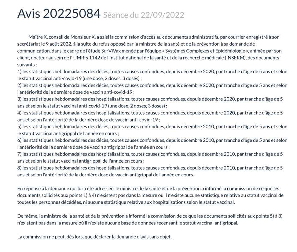Réponse de la CADA du 22/09/2022 concernant les données de mortalité par statut vaccinal