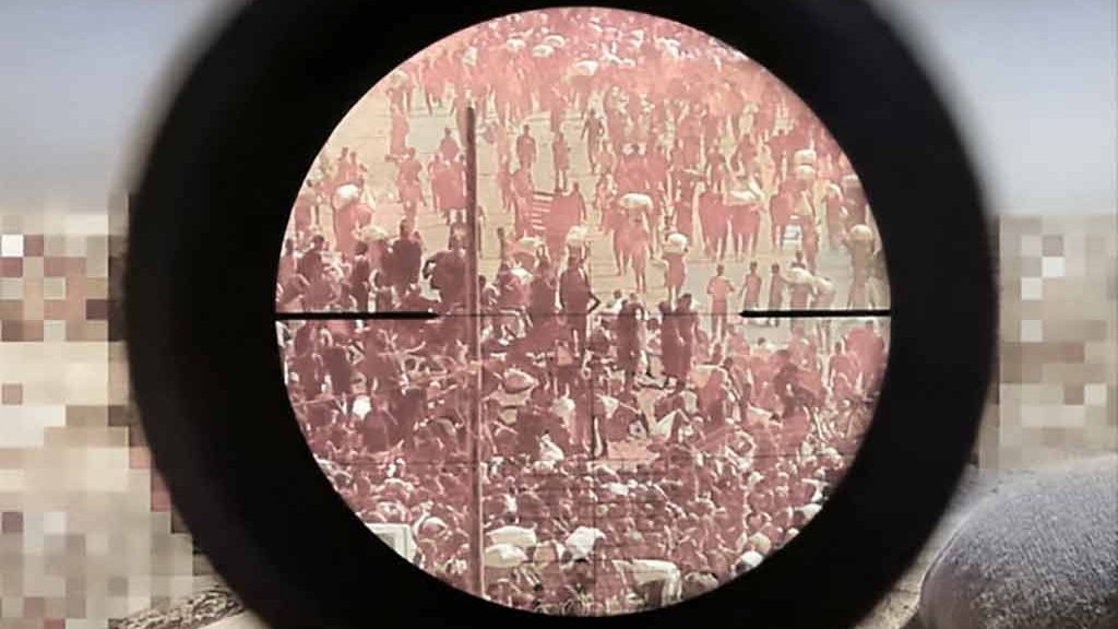 Réticule d'un sniper sur une foule à Gaza, postée en août 2025 par un sniper israélien.
