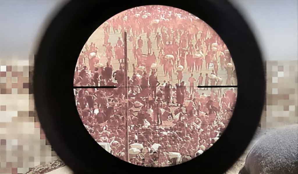 Réticule d'un sniper sur une foule à Gaza, postée en août 2025 par un sniper israélien.